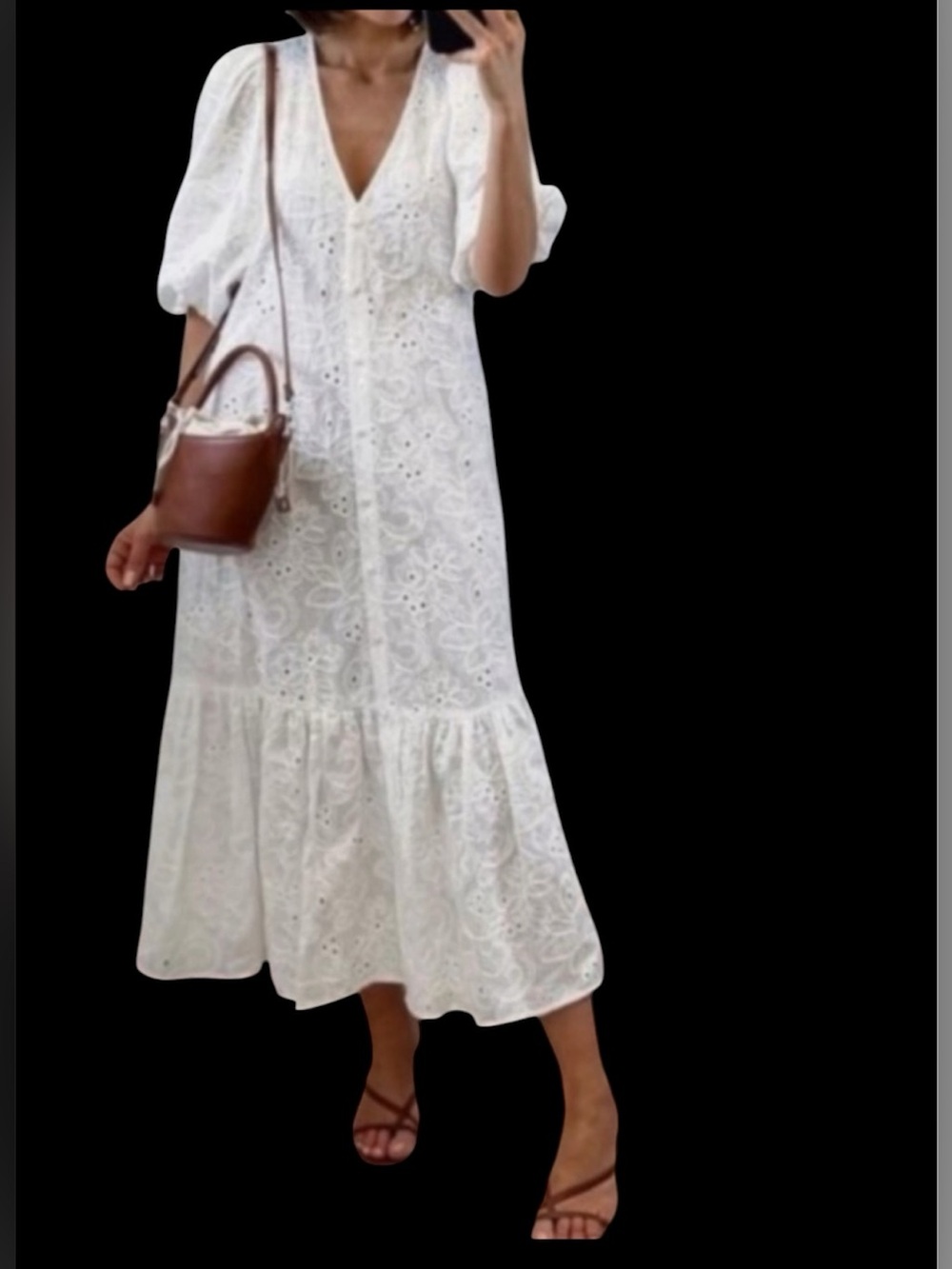Zara Marta Cutwork V Neck White Button Down Eyelet Puff-Sleeve Midi Dress XS